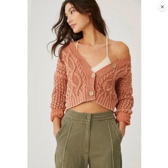 Anthropologie Pilcro Cropped Chunky Cardigan XS Pumpkin Fisherman Cable Knit Y2K - Picture 2 of 12